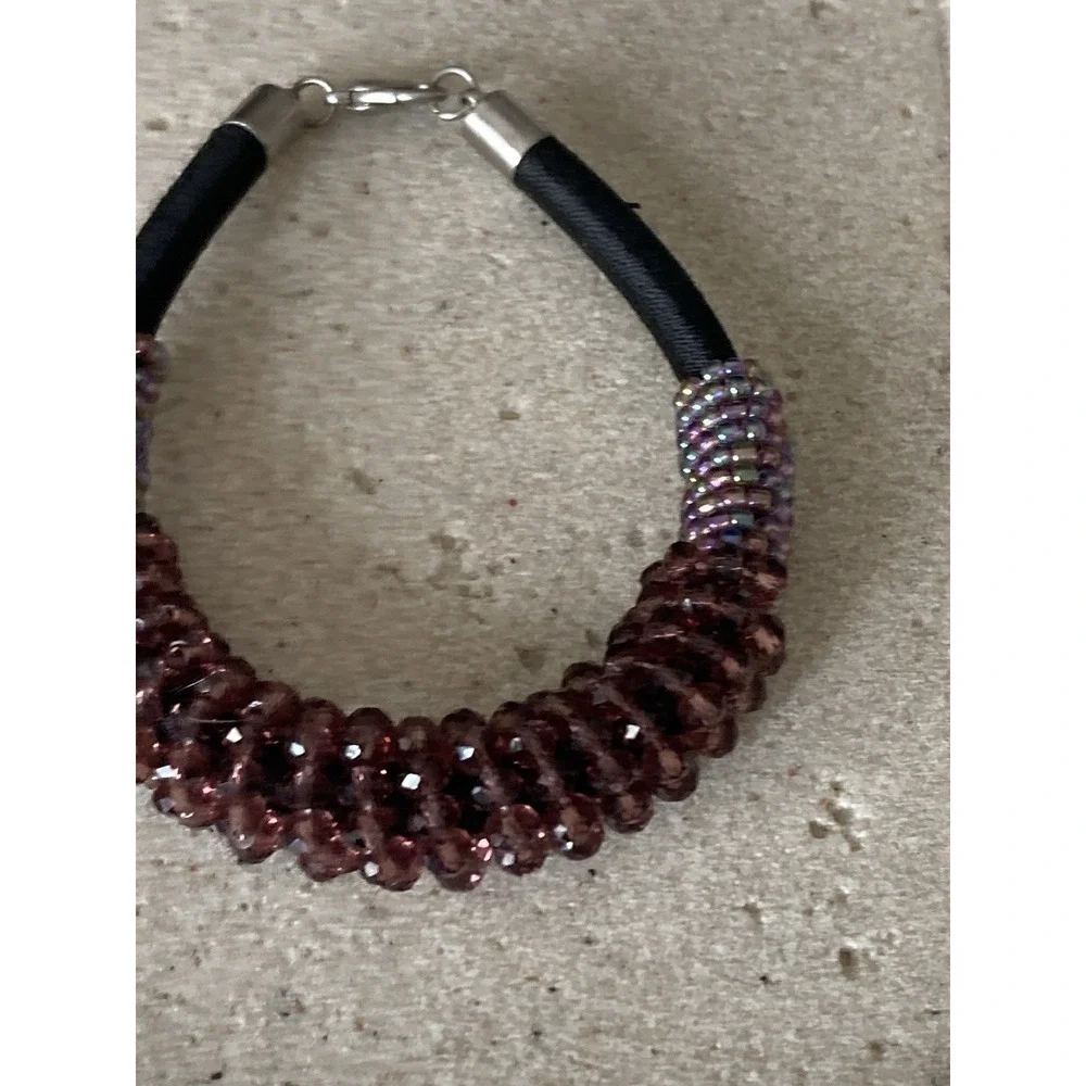 Purple Beaded Bracelet Black Cord Silver Tone Dark Romantic Fairy Chunky